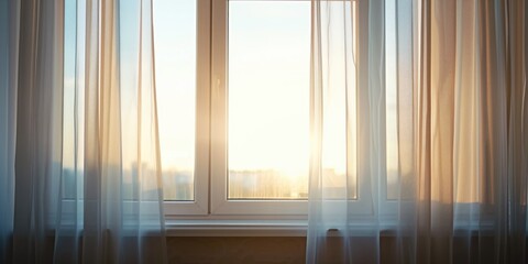 Sunlight shining through a window with sheer curtains. This image can be used to depict a peaceful and serene atmosphere
