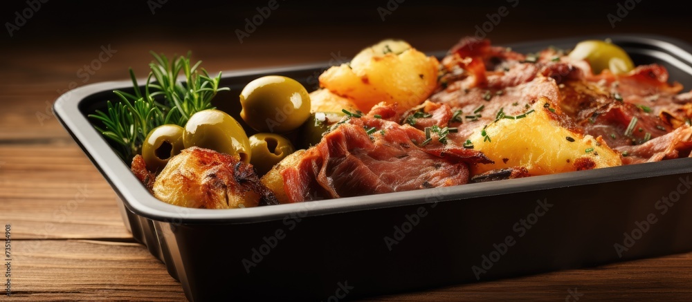 Poster tasty smashed potatoes with olives and meat in the box. creative banner. copyspace image