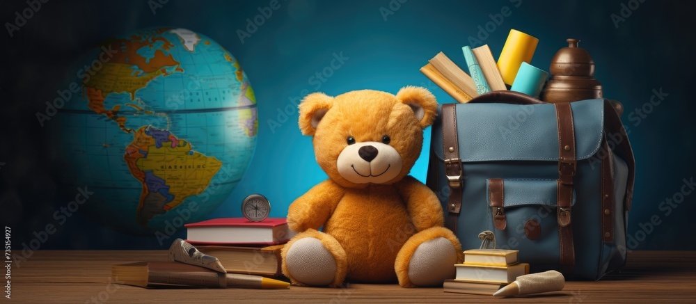 Poster school organization side view photo of teddy bear schoolbag filled with school essentials pens penci