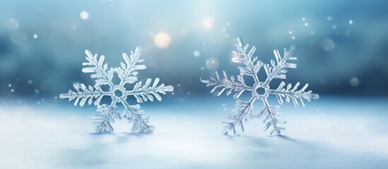 Fototapeta na wymiar two delicate real snowflakes on a textured background of frost and ice crystals. Creative Banner. Copyspace image