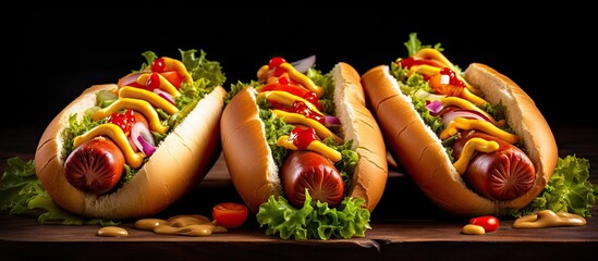 Three delicious and tasty hot dogs Hot dog with fries tomato salat in kitchen Wallpaper for ads. Creative Banner. Copyspace image