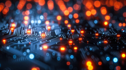 Abstract Futuristic Circuit Board, High-Technology Background with Glowing Lines and Bokeh Lights, Concept of Data Processing and Telecommunications - obrazy, fototapety, plakaty