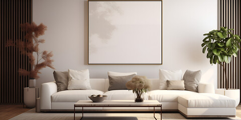 Modern living room with empty frame mockup Horizontal artwork template Wooden blank frame mockup on wall in modern interior .