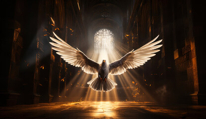 A radiant dove with outstretched wings illuminated by divine light in a dark corridor, symbolizing hope, peace, the Holy Spirit, and spiritual awakening - obrazy, fototapety, plakaty