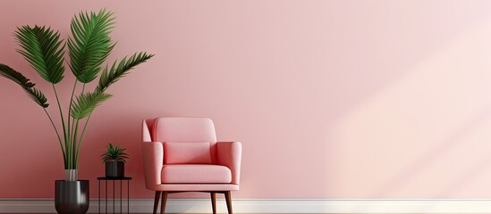 Pink armchair next to a golden side table with a plant against an empty wall in living room interior. Creative Banner. Copyspace image