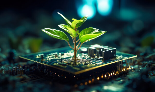 Sustainable Technology Concept with a Young Plant Growing from a Circuit Board, Symbolizing Eco-Friendly Innovation and Green Tech Solutions
