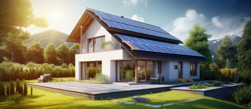 Modern House Construction Solar water heating SWH systems use roof solar panels Home Skylights Dormer Ventilation Eco Smart House Energy Efficiency. Creative Banner. Copyspace image