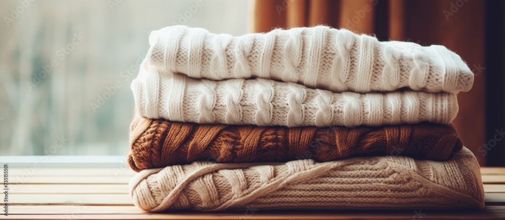 Poster stack of white cozy knitted sweaters on a wooden table faded retro style image. creative banner. cop