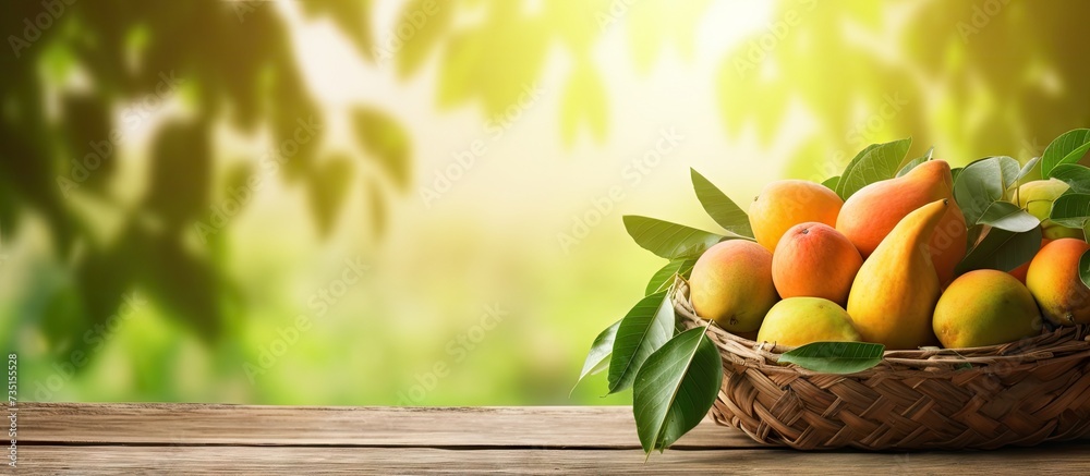 Poster mango in basket with leaves on wooden table and mango tree farm with sunlight background. creative b