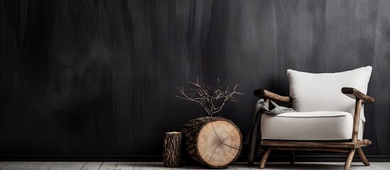 Stylish black and white home interior in rustic style with designer armchair and wooden log tablecloth. Creative Banner. Copyspace image - obrazy, fototapety, plakaty