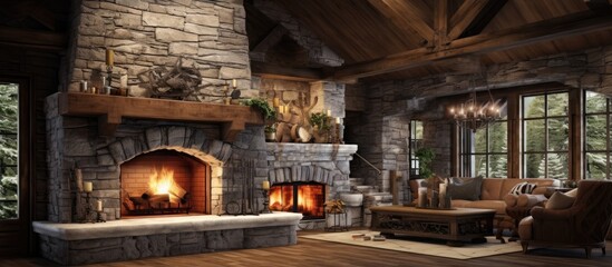 Stone fireplace in a stylish and rustic cabin lodge living room den area with pine built in chandelier and view of the upstairs. Creative Banner. Copyspace image - obrazy, fototapety, plakaty