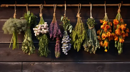 Foto op Plexiglas Hanging bunches of medicinal herbs and flowers © Julie