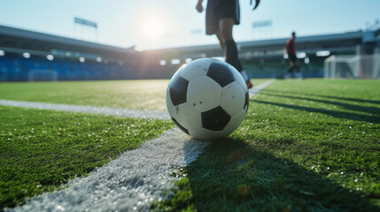 A soccer ball positioned on the green grass of a stadium field, with players and goalposts under the bright afternoon sun.