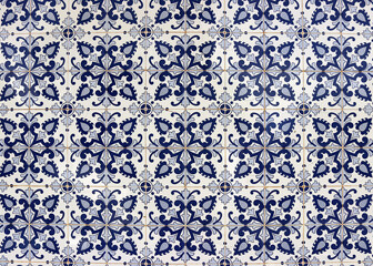 Portuguese azulejos - blue and white ceramic tiles texture background
