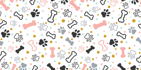 Dog Bone vector cartoon dog paw doodle Seamless pattern isolated dark brown wallpaper fancy background