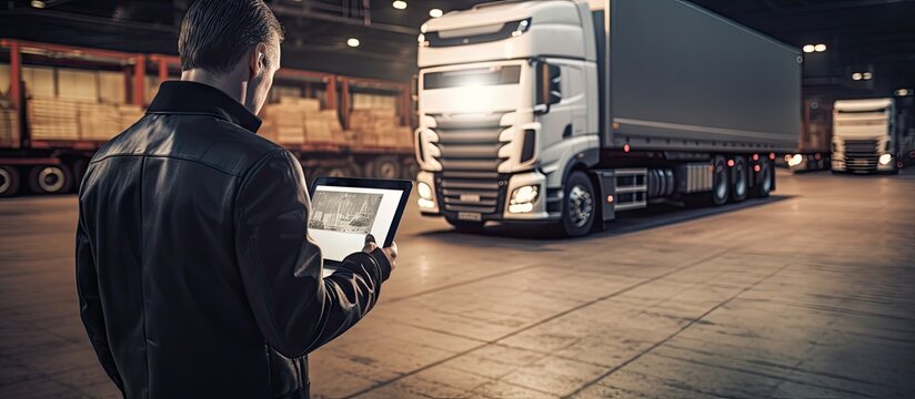 Supervisor checking contents of shipment to be sent by truck on her tablet computer. Creative Banner. Copyspace image