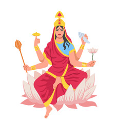 Navratri woman concept. Traditional indian goddess. Goddess with hands. Religion holiday and festival. Young girl at lotus flower. Cartoon flat vector illustration isolated on white background
