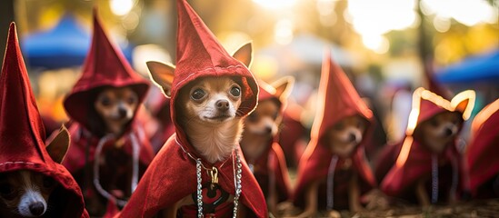 Small dog wears a red dress costume at Atlanta Halloween contest event. Creative Banner. Copyspace image - obrazy, fototapety, plakaty