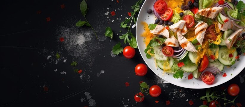 Salad of chicken breast with zucchini and cherry tomatoes Top view. Creative Banner. Copyspace image