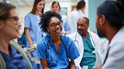 A hospital setting comes alive with a diverse group of healthcare professionals and patients, showcasing inclusivity across various ages, races, and backgrounds in a welcoming environment. - obrazy, fototapety, plakaty