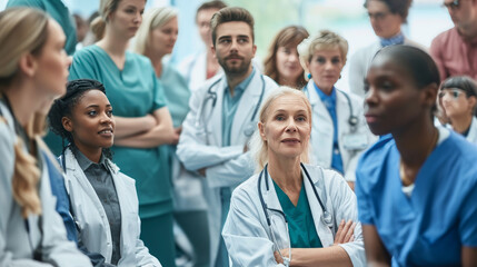 Healthcare diversity in a hospital where patients and professionals of different ages, races, and backgrounds come together in an inclusive and equitable care setting. - obrazy, fototapety, plakaty