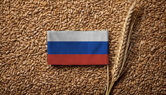 Grains wheat with Russia flag, trade export and economy concept. Top view.
