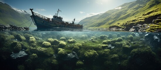 The wreck of the SS Breda a Dutch cargo ship sunk during World War 2 off the shore of the Isle of Kerrera. Creative Banner. Copyspace image - obrazy, fototapety, plakaty