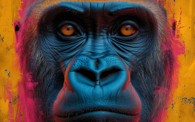 Creative portrait of gorilla animal close up face looking at camera. 