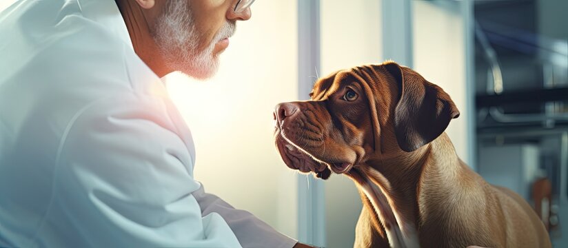 Young man veterinarian checking up the dog on table in veterinary clinic Healthcare medicine treatment of pets Dogue de bordeaux. Creative Banner. Copyspace image