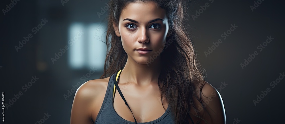 Canvas Prints portrait of young brunette fitness woman. Creative Banner. Copyspace image