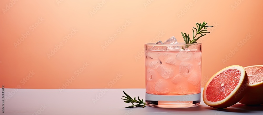 Poster mocktail paloma refreshing grapefruit cocktail with ice and thyme cocktail of fresh pink paloma. cre