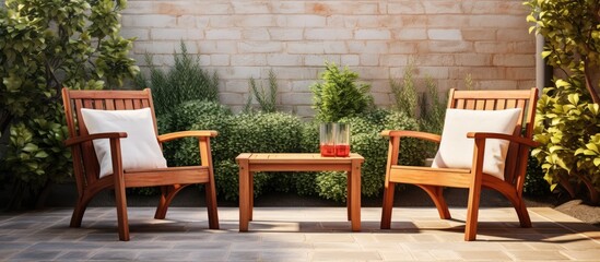 Fototapeta na wymiar Outdoor patio with wooden armchairs and table. Creative Banner. Copyspace image