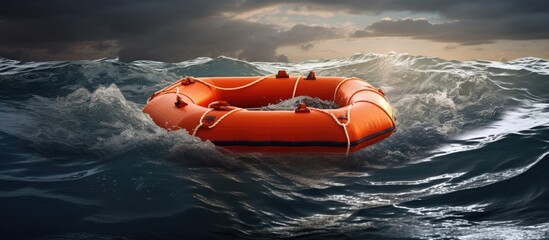 SOS at Sea Life Raft Floating on Troubled Waters. Creative Banner. Copyspace image - obrazy, fototapety, plakaty