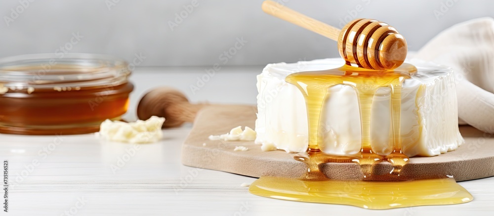 Poster Pour honey over goat cheese with wooden dropper on a white table Appetizer Mediterranean food. Creative Banner. Copyspace image