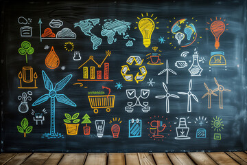 Сhildren's drawing of environment conservation drawn with chalk on the chalkboard: electric bulbs, planet, wind turbines, map, recycling symbol.