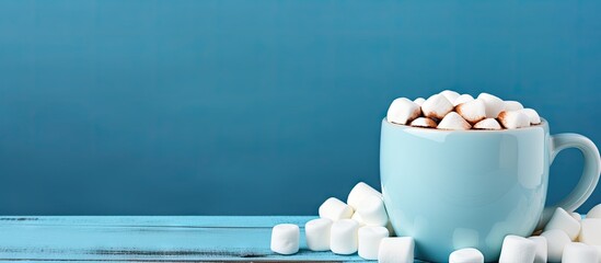 Mug of hot chocolate with marshmallows on a shabby blue surface. Creative Banner. Copyspace image