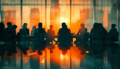 Corporate, boardroom and business group meeting in an office for partnership planning, discussion and marketing strategy People, silhouette and sunrise background for brainstorming and collaboration
