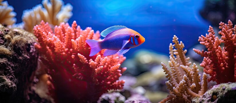 Reticulated damsel Dascyllus reticulatus looking for food on a coral. Creative Banner. Copyspace image