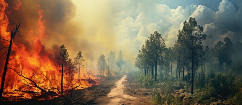 Top down aerial view of forest fire in shrubs and trees next to a path in the forest digital enhancement. Creative Banner. Copyspace image
