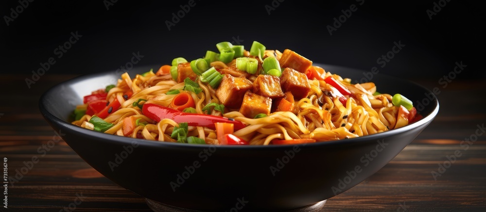 Aufkleber schezwan or szechwan hakka noodles with paneer or cottage cheese served in a bowl selective focus. c