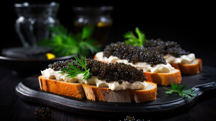 Black caviar served on crackers with salmon and cream cheese. - obrazy, fototapety, plakaty