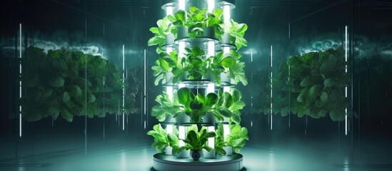 Vegetables are growing in indoor farm vertical farm Plants on vertical farms grow with led lights Vertical farming is sustainable agriculture for future food. Creative Banner. Copyspace image