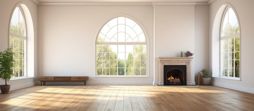 Spacious living room with high ceiling big arch window fireplace and new hardwood floor in empty new house. Creative Banner. Copyspace image