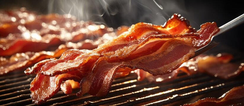 Tongs holding crispy smoked grilled barbecue bacon slice cooked on bbq smoke grill close up. Creative Banner. Copyspace image