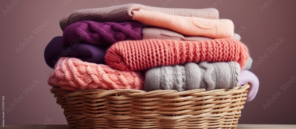 Aufkleber stack of cozy knitted sweaters in wicker basket. creative banner. copyspace image