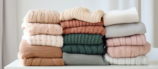 Pile of various woolen knitted blankets sweaters in pastel colors folded on a small round table on neutral background Warm and cozy home mood concept Image with copy space. Creative Banner