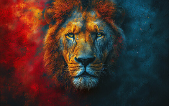 Creative abstract art portrait of beautiful lion on red gray wall.