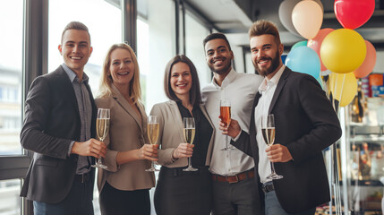 Empresários multiétnicos tilintando taças de champanhe em festa no escritório - obrazy, fototapety, plakaty
