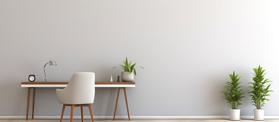 Minimalist workspace with grey desk and white designer chair arranged as a part of a very bright living room. Creative Banner. Copyspace image