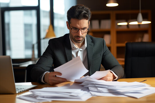 Young Busy Latin Professional Business Man Checking Document Working At Laptop Computer In Office. Serious Businessman Accountant Expert Reading Legal Paper Company File Overview At Workplace